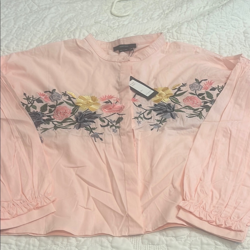Pink Mandarin Collar Blouse with Embellished Puff Sleeves